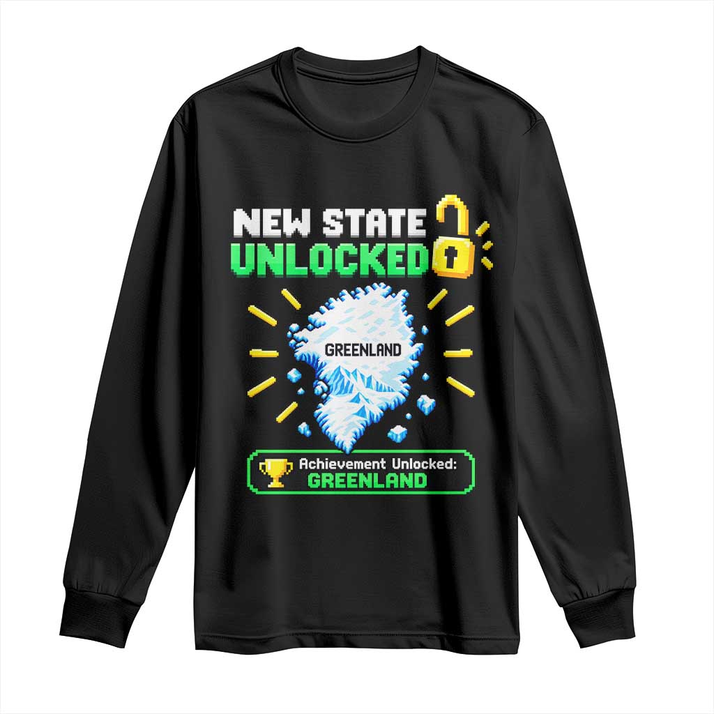 New State Unlocked Greenland Pixel Art Map Long Sleeve Shirt Funny Geographic Parody Retro Gamer Achievement Graphic