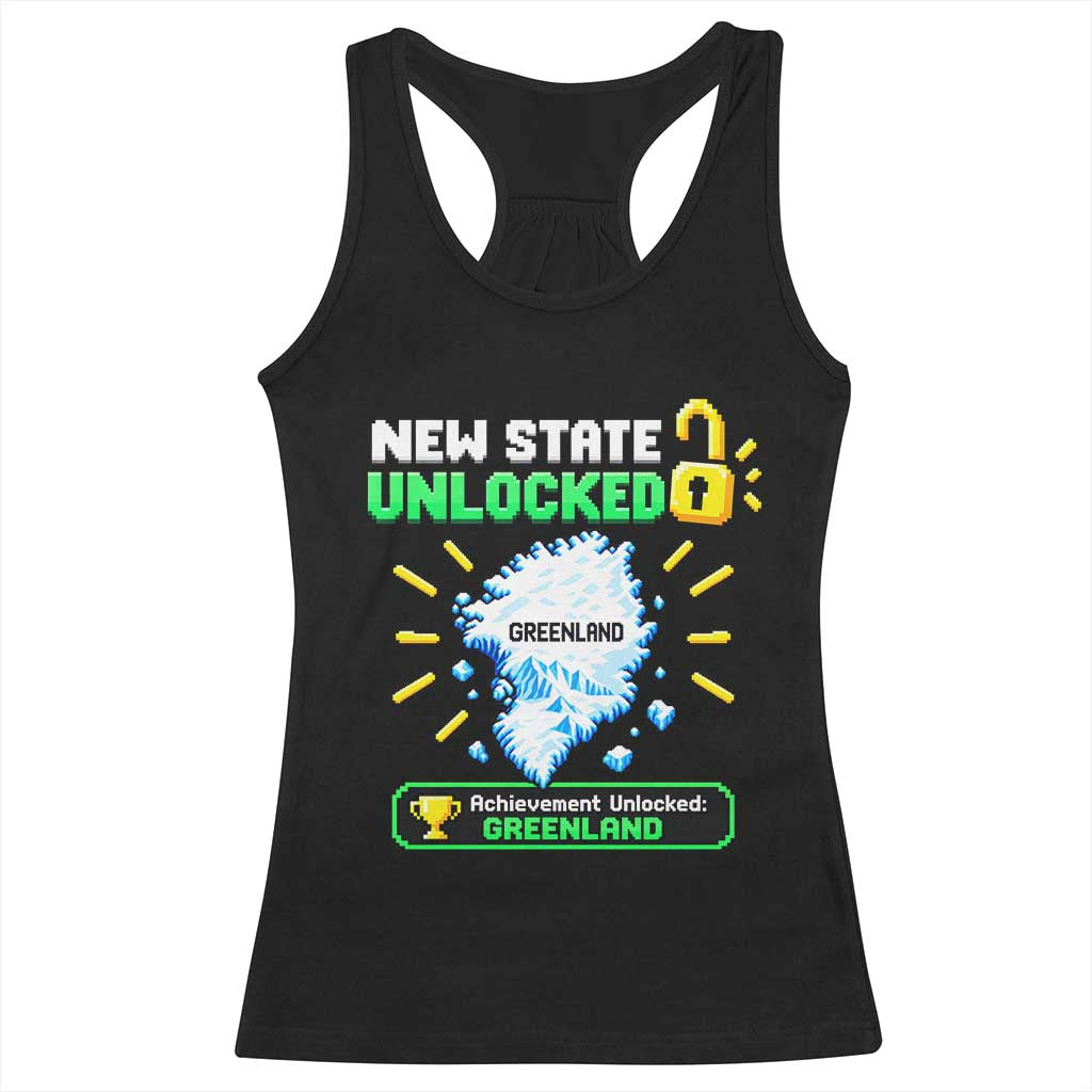 New State Unlocked Greenland Pixel Art Map Racerback Tank Top Funny Geographic Parody Retro Gamer Achievement Graphic