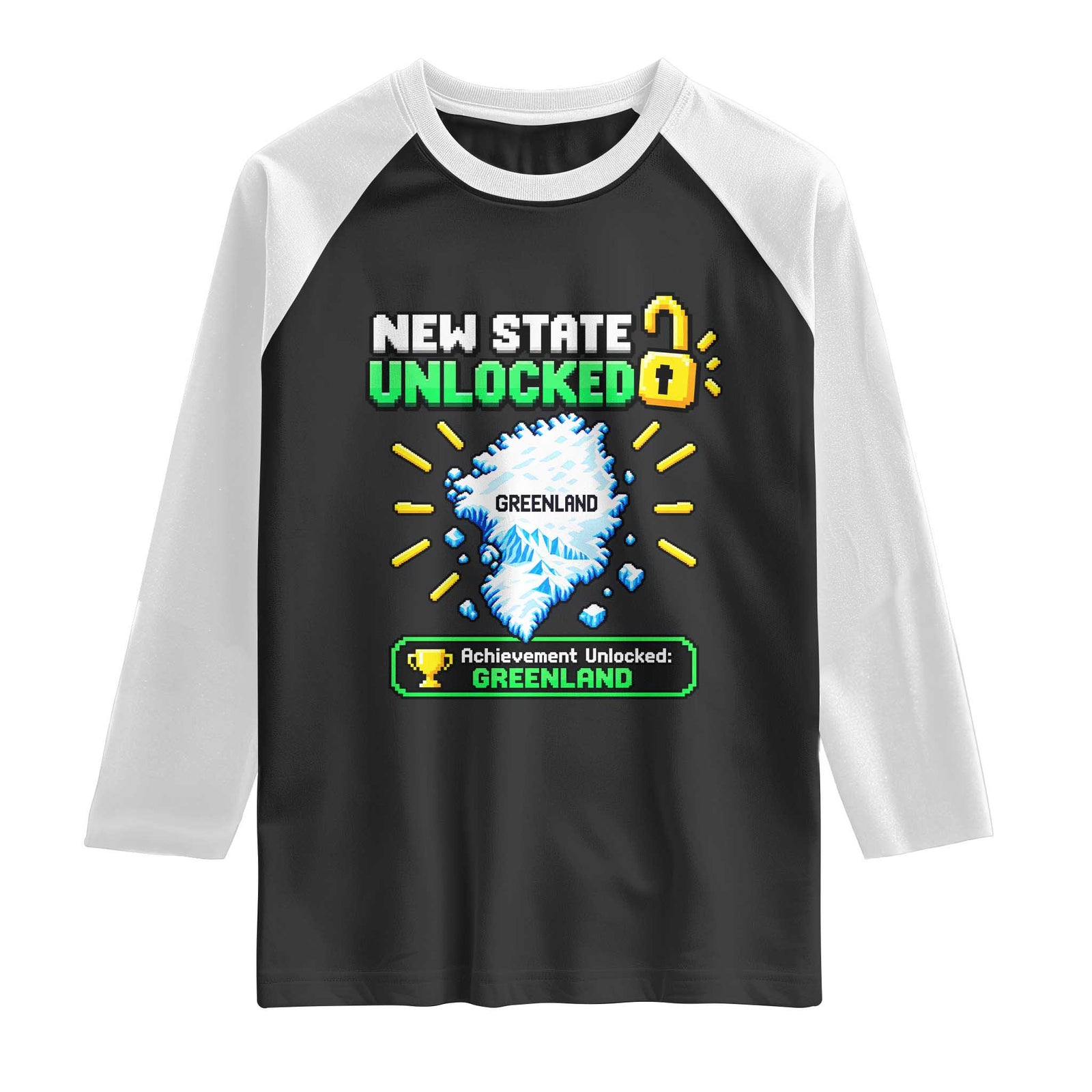 New State Unlocked Greenland Pixel Art Map Raglan Shirt Funny Geographic Parody Retro Gamer Achievement Graphic