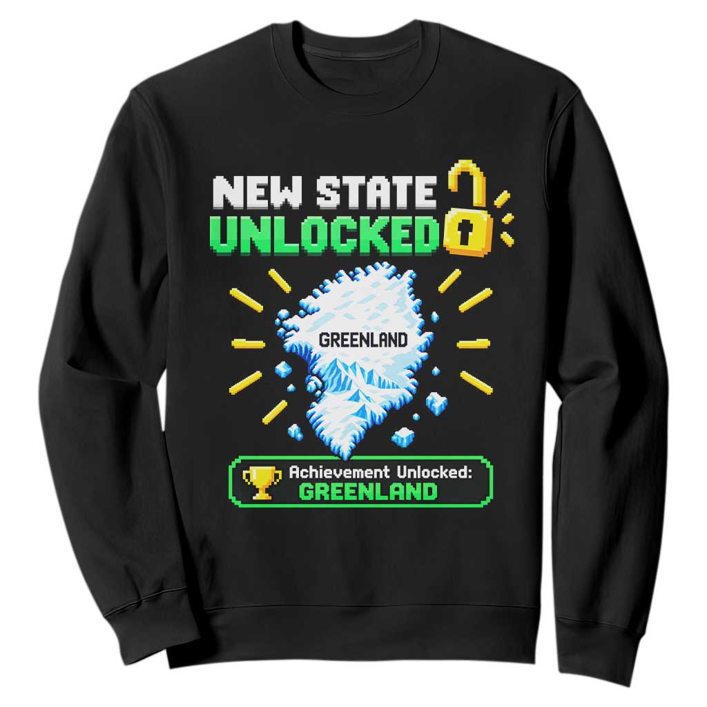 New State Unlocked Greenland Pixel Art Map Sweatshirt Funny Geographic Parody Retro Gamer Achievement Graphic