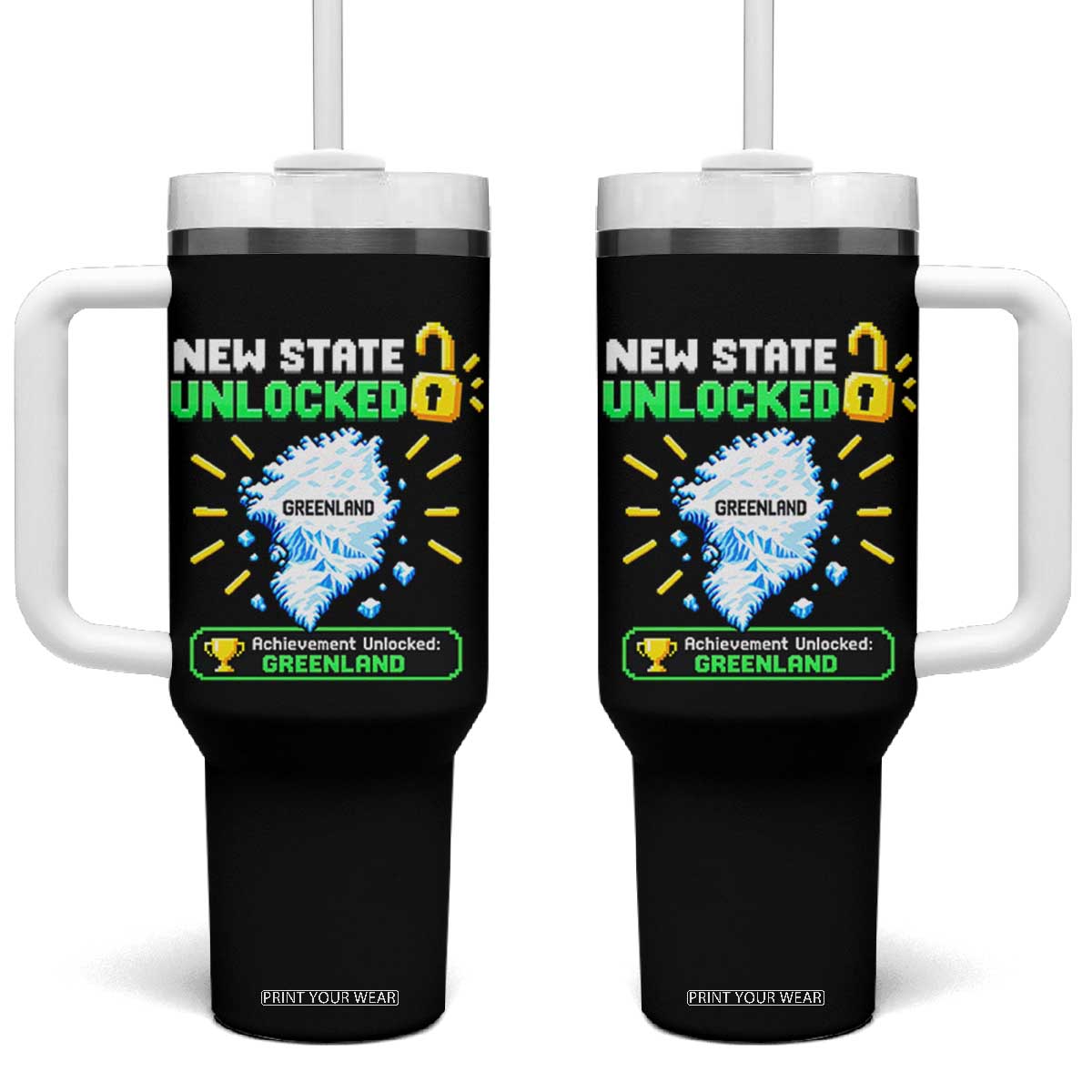 New State Unlocked Greenland Pixel Art Map Tumbler With Handle Funny Geographic Parody Retro Gamer Achievement Graphic