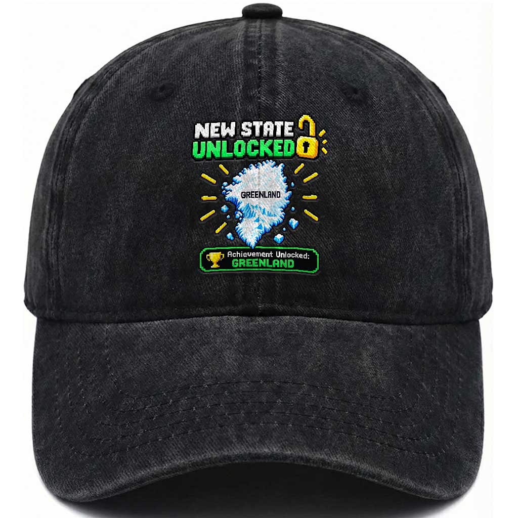 New State Unlocked Greenland Pixel Art Map Washed Cotton Baseball Cap Funny Geographic Parody Retro Gamer Achievement Graphic