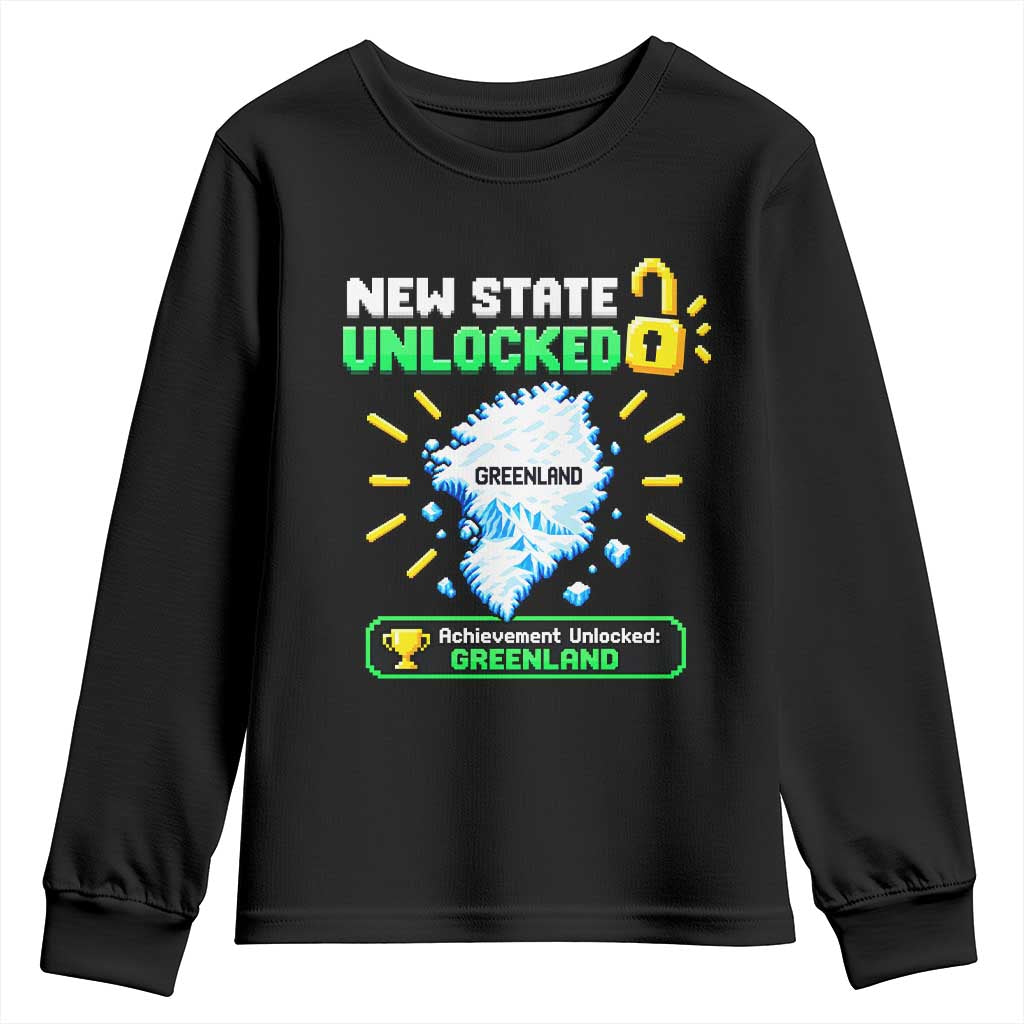 New State Unlocked Greenland Pixel Art Map Youth Sweatshirt Funny Geographic Parody Retro Gamer Achievement Graphic