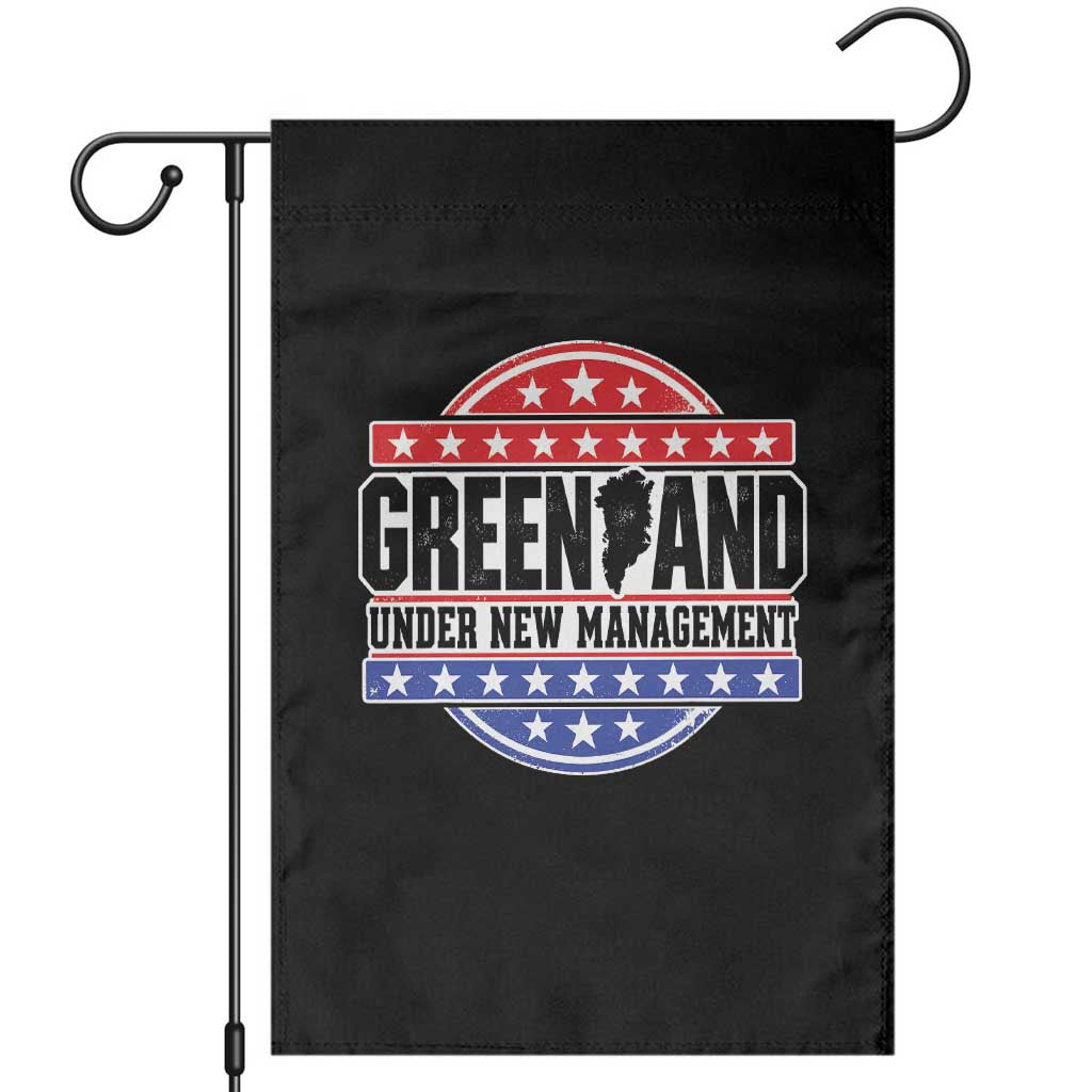 Greenland Under New Management Map Badge Graphic Garden Flag Patriotic Red White and Blue Stars Emblem