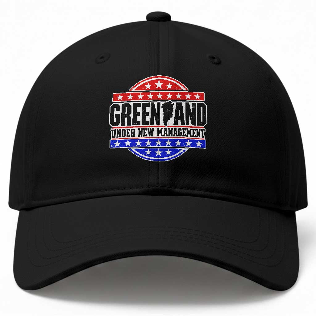 Greenland Under New Management Map Badge Graphic Baseball Cap Patriotic Red White and Blue Stars Emblem