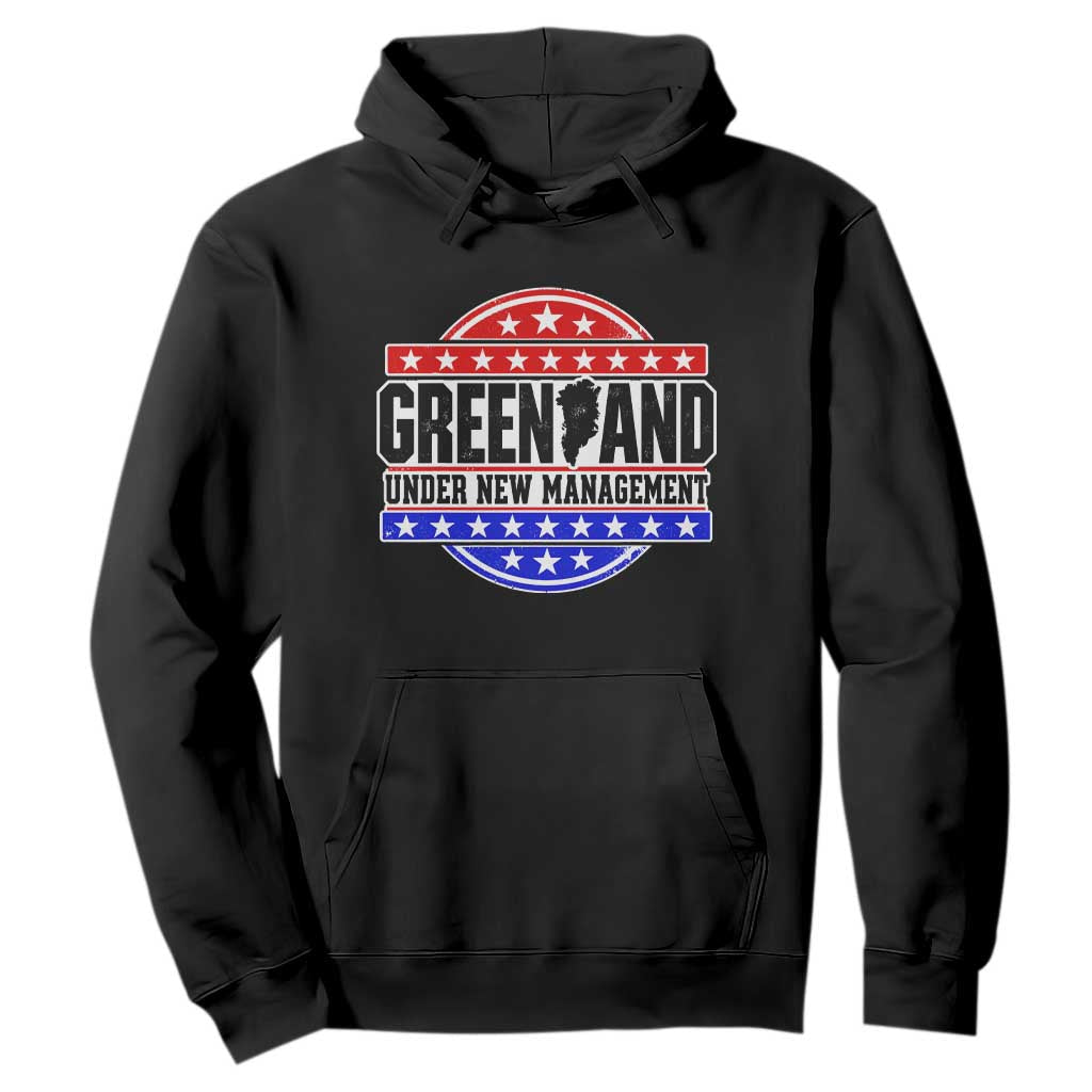 Greenland Under New Management Map Badge Graphic Hoodie Patriotic Red White and Blue Stars Emblem