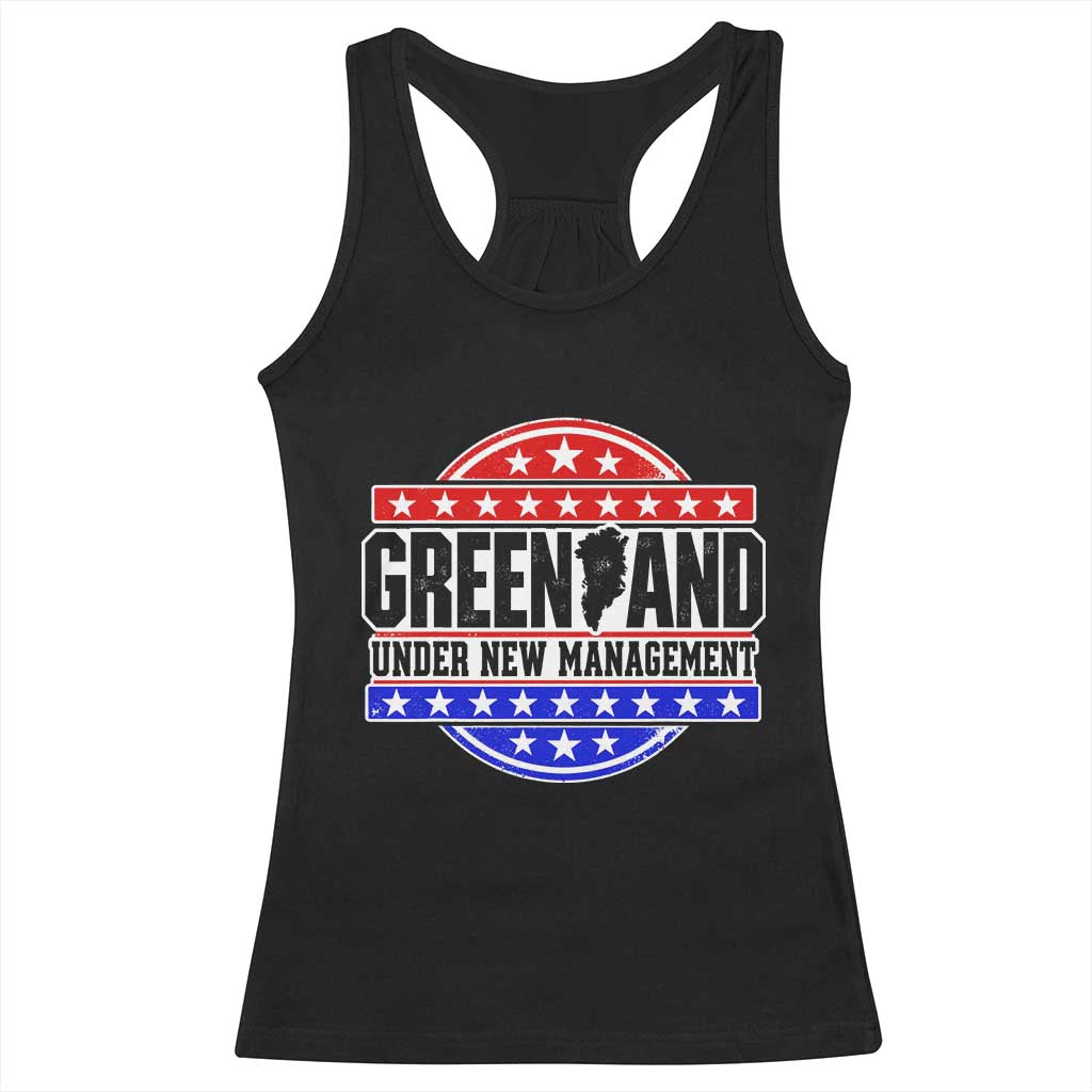 Greenland Under New Management Map Badge Graphic Racerback Tank Top Patriotic Red White and Blue Stars Emblem
