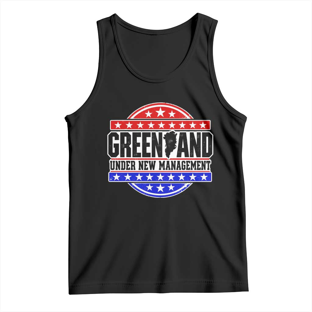 Greenland Under New Management Map Badge Graphic Tank Top Patriotic Red White and Blue Stars Emblem
