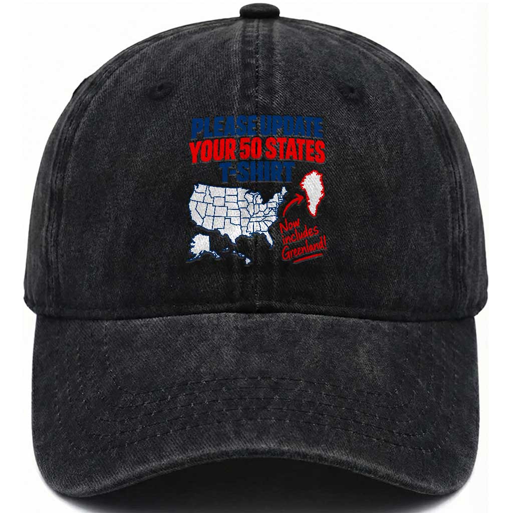 Please Update Your 50 States Map USA Now Includes Greenland Washed Cotton Baseball Cap Funny Geographic Parody Satire