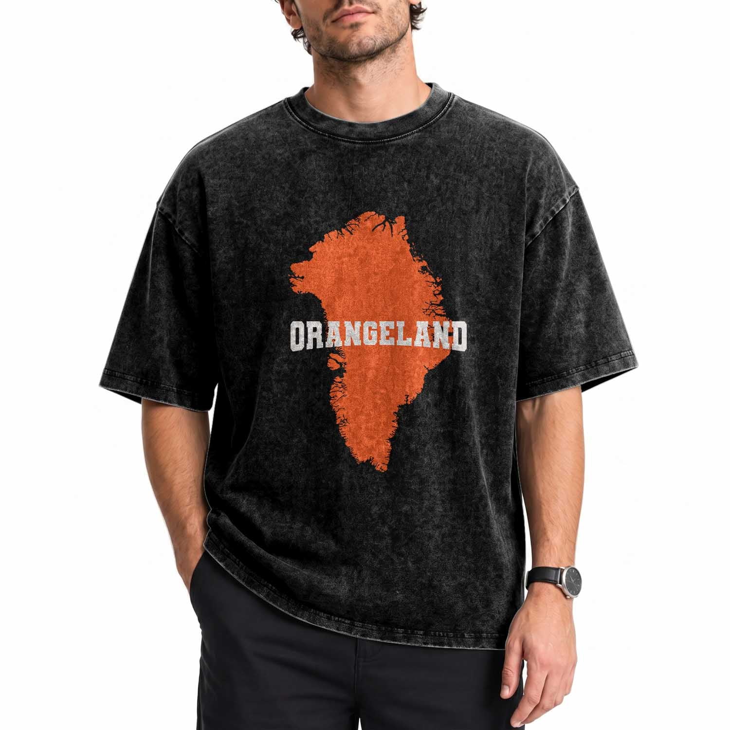Orangeland Orange Greenland Map Silhouette Graphic Washed Cotton T-Shirt Funny Geographic Parody