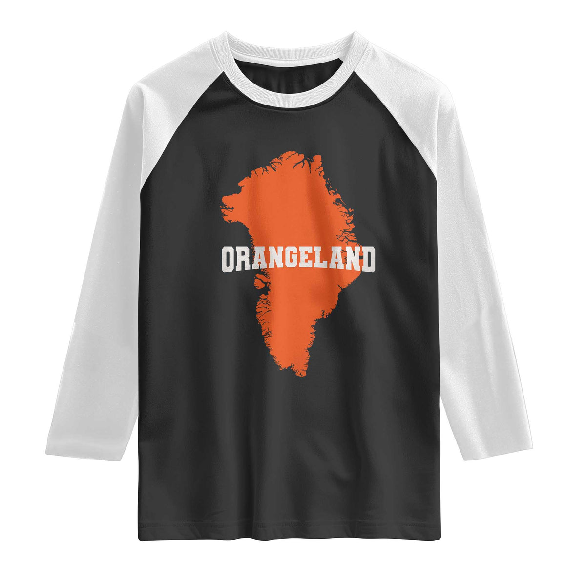 Orangeland Orange Greenland Map Silhouette Graphic Raglan Shirt Funny Geographic Parody