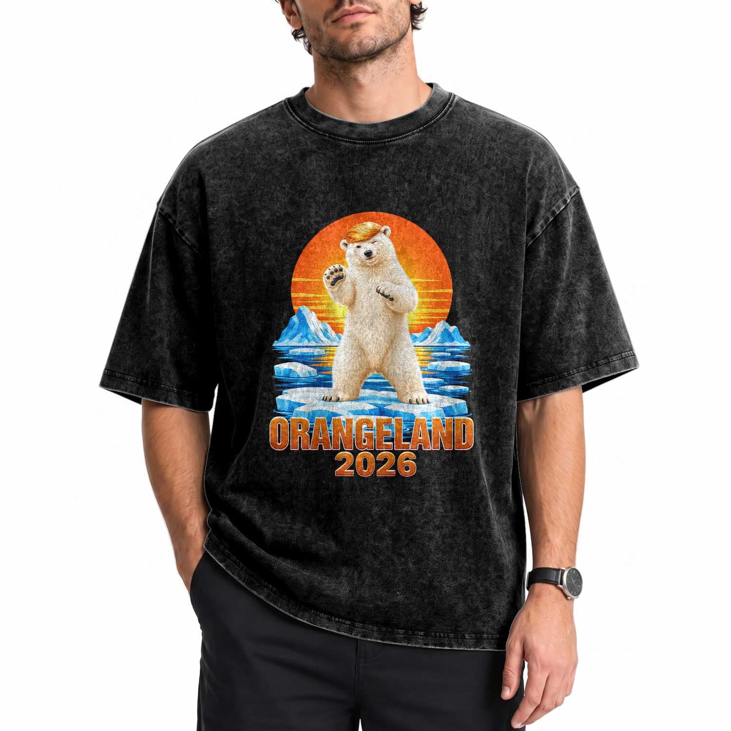 Orangeland 2026 Polar Bear Arctic Sunset Graphic Washed Cotton T-Shirt Funny Blonde Hair Bear Greenland Parody