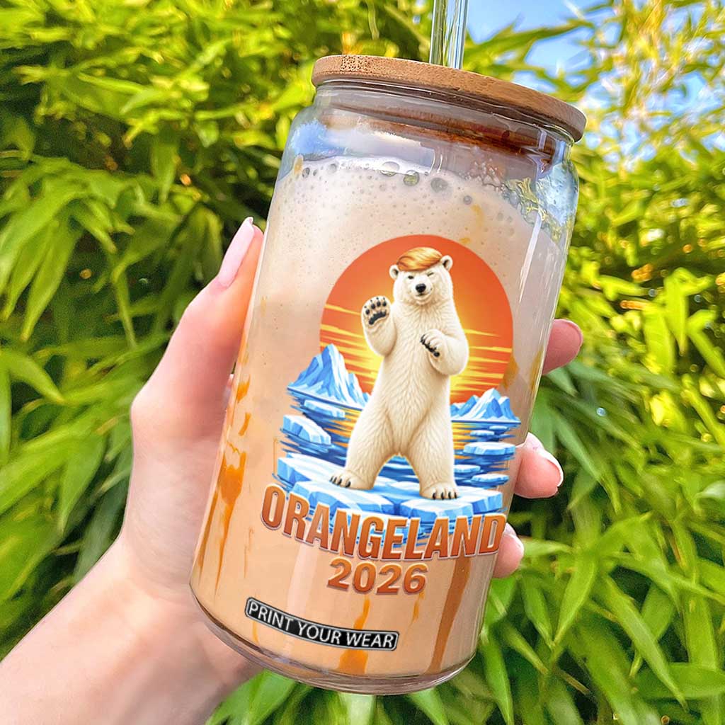 Orangeland 2026 Polar Bear Arctic Sunset Graphic Glass Can Funny Blonde Hair Bear Greenland Parody