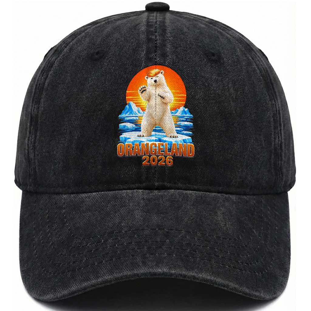 Orangeland 2026 Polar Bear Arctic Sunset Graphic Washed Cotton Baseball Cap Funny Blonde Hair Bear Greenland Parody