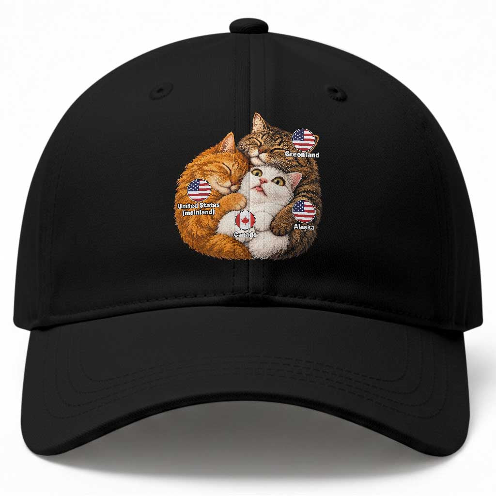 Canada Surrounded Country Alaska Greenland Funny Cats Hugging Parody Baseball Cap Geographic Satire Cute Cats Map Graphic