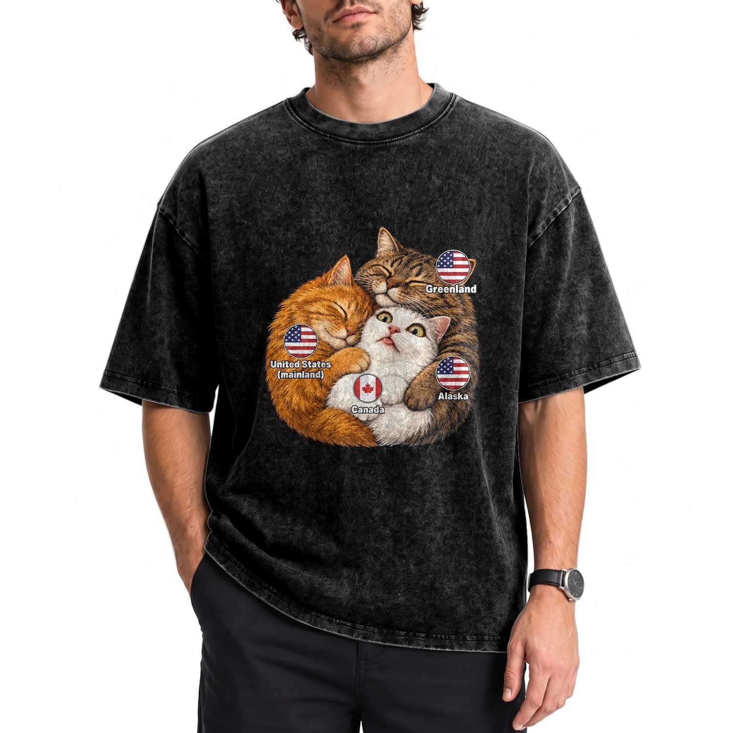 Canada Surrounded Country Alaska Greenland Funny Cats Hugging Parody Washed Cotton T-Shirt Geographic Satire Cute Cats Map Graphic