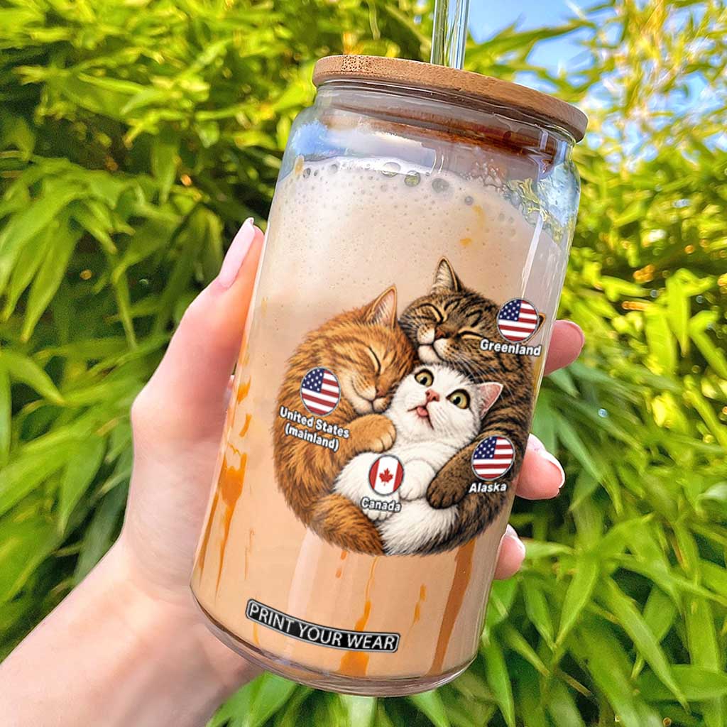 Canada Surrounded Country Alaska Greenland Funny Cats Hugging Parody Glass Can Geographic Satire Cute Cats Map Graphic