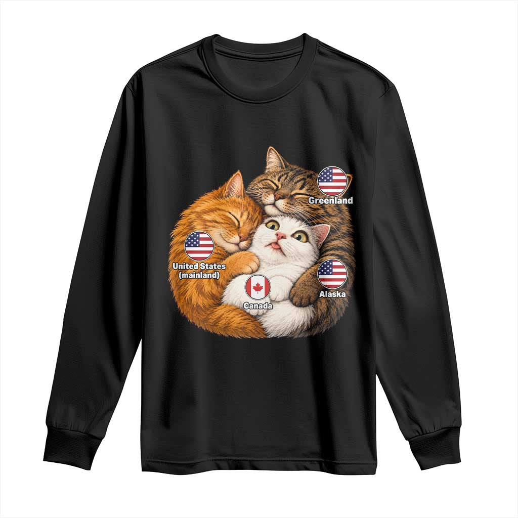 Canada Surrounded Country Alaska Greenland Funny Cats Hugging Parody Long Sleeve Shirt Geographic Satire Cute Cats Map Graphic