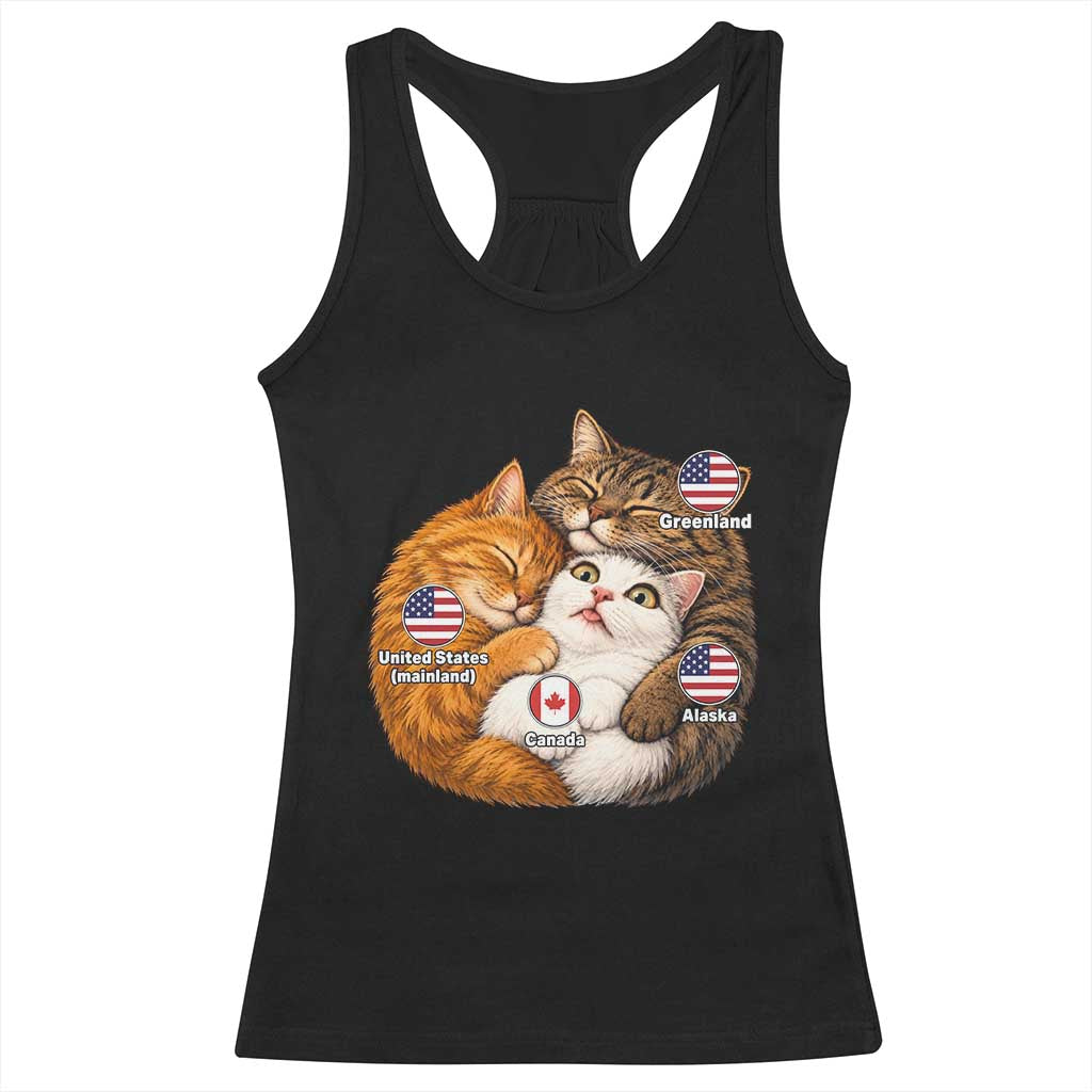 Canada Surrounded Country Alaska Greenland Funny Cats Hugging Parody Racerback Tank Top Geographic Satire Cute Cats Map Graphic