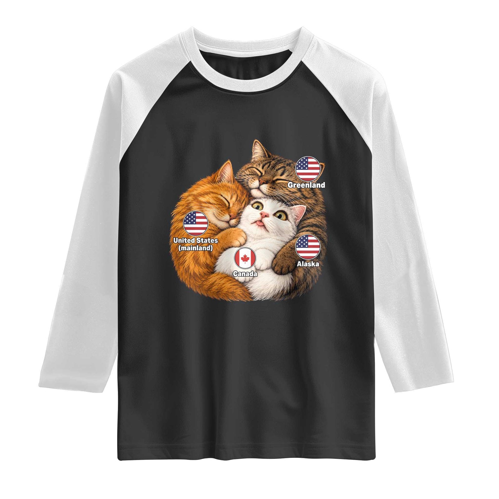 Canada Surrounded Country Alaska Greenland Funny Cats Hugging Parody Raglan Shirt Geographic Satire Cute Cats Map Graphic