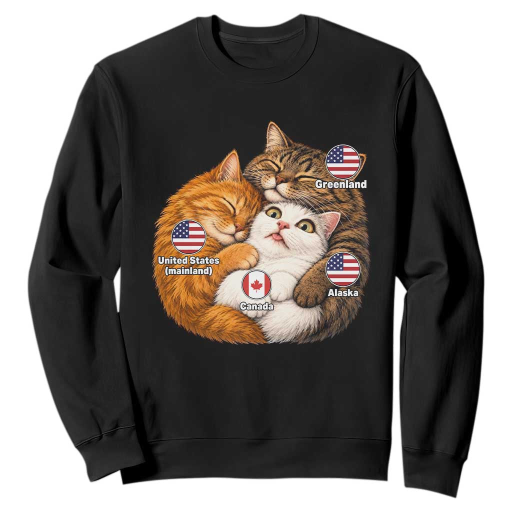 Canada Surrounded Country Alaska Greenland Funny Cats Hugging Parody Sweatshirt Geographic Satire Cute Cats Map Graphic