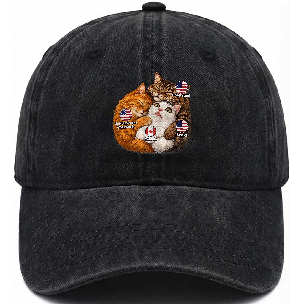 Canada Surrounded Country Alaska Greenland Funny Cats Hugging Parody Washed Cotton Baseball Cap Geographic Satire Cute Cats Map Graphic