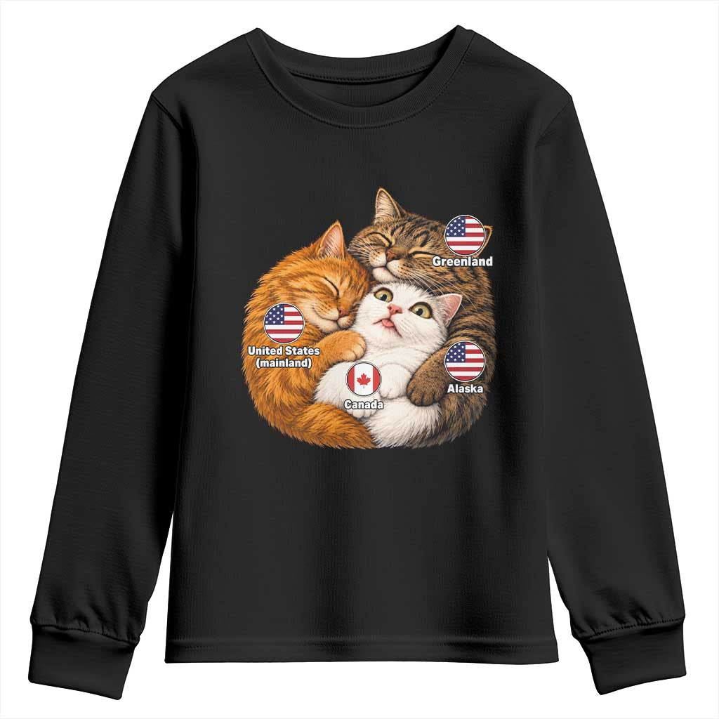 Canada Surrounded Country Alaska Greenland Funny Cats Hugging Parody Youth Sweatshirt Geographic Satire Cute Cats Map Graphic