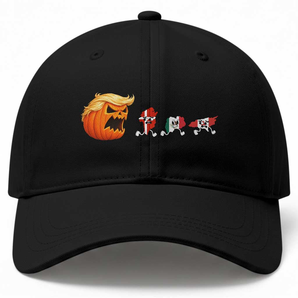 Sarcastic Orange Blonde Pumpkin Chasing Greenland Mexico Canada Graphic Baseball Cap Funny Running Country Map Flags Halloween