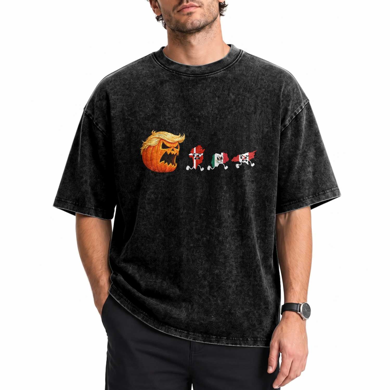 Sarcastic Orange Blonde Pumpkin Chasing Greenland Mexico Canada Graphic Washed Cotton T-Shirt Funny Running Country Map Flags Halloween