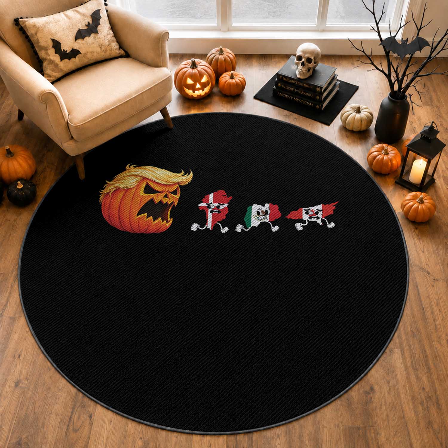 Sarcastic Orange Blonde Pumpkin Chasing Greenland Mexico Canada Graphic Round Rug Funny Running Country Map Flags Halloween
