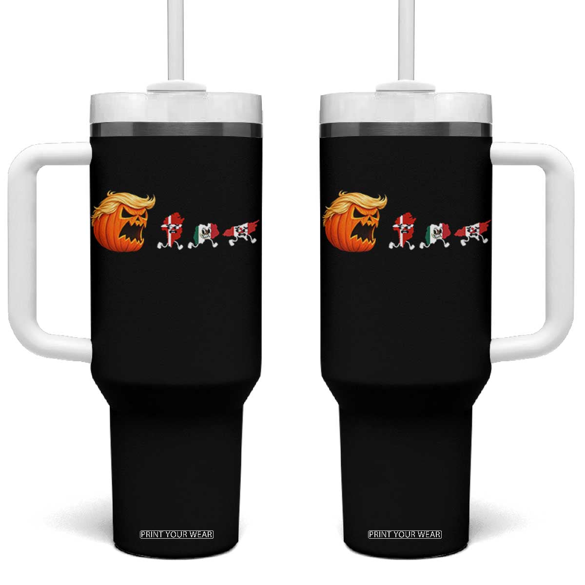 Sarcastic Orange Blonde Pumpkin Chasing Greenland Mexico Canada Graphic Tumbler With Handle Funny Running Country Map Flags Halloween