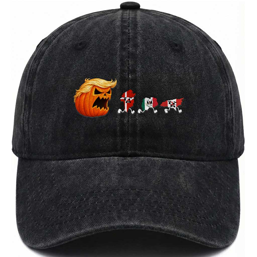 Sarcastic Orange Blonde Pumpkin Chasing Greenland Mexico Canada Graphic Washed Cotton Baseball Cap Funny Running Country Map Flags Halloween
