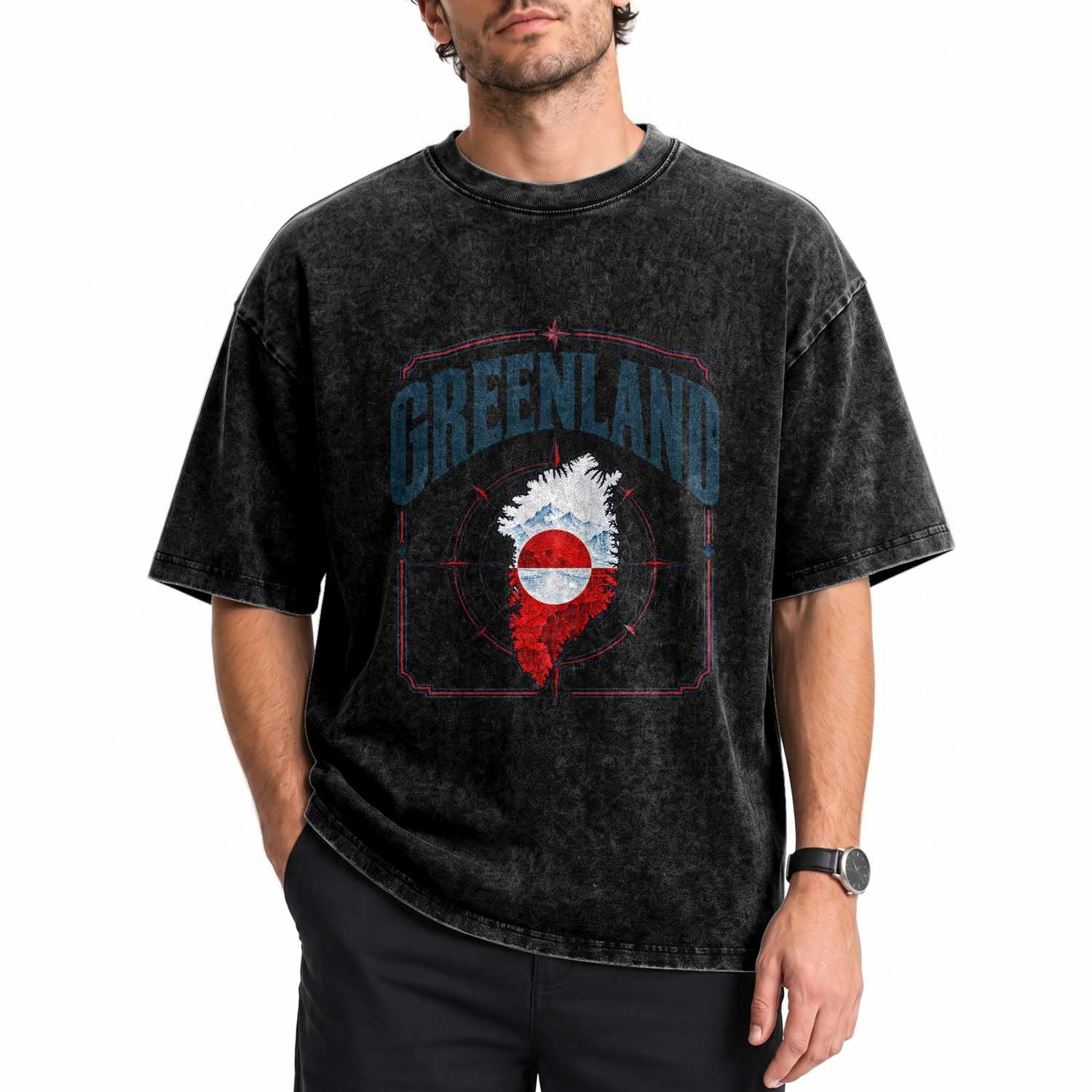 Greenland Flag Map Vintage Compass Graphic Washed Cotton T-Shirt Retro Geographic Country Pride