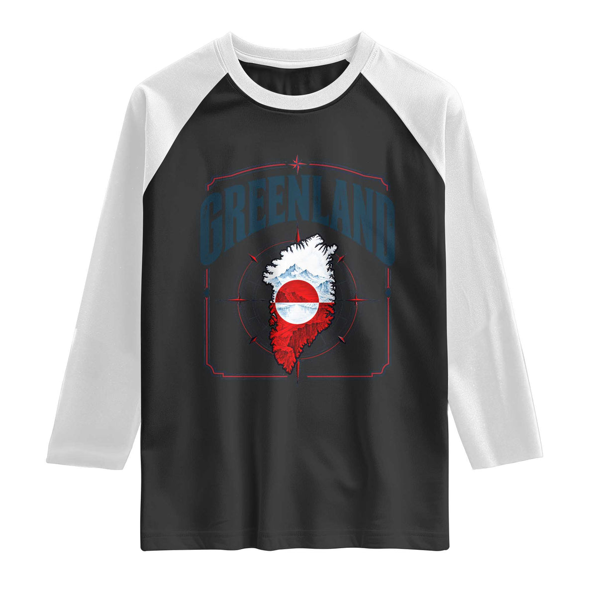 Greenland Flag Map Vintage Compass Graphic Raglan Shirt Retro Geographic Country Pride