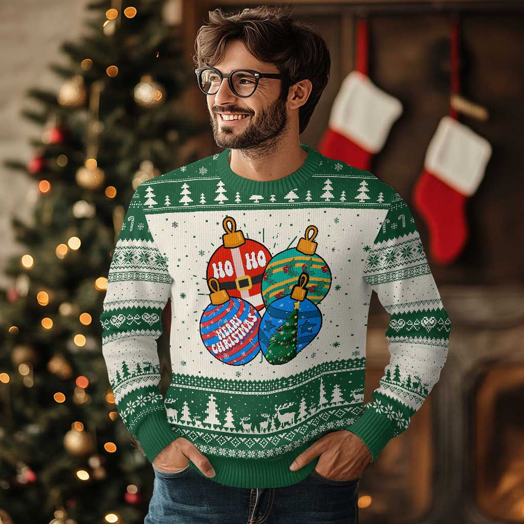 Retro Groovy Merry Christmas Ornament Ho Ho Ho Ugly Christmas Sweater TS02 Green Print Your Wear