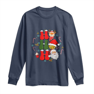 Retro Groovy Christmas Ho Ho Ho Reindeer Disco Ball Santa Xmas Long Sleeve Shirt TS02 Navy Print Your Wear