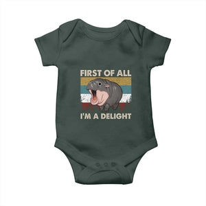 Funny Screaming Moo Deng Baby Onesie First Of All I'm A Delight Retro Vintage TS02 Dark Forest Green Print Your Wear