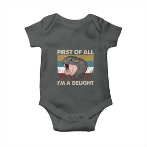 Funny Screaming Moo Deng Baby Onesie First Of All I'm A Delight Retro Vintage TS02 Dark Heather Print Your Wear