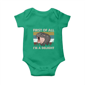 Funny Screaming Moo Deng Baby Onesie First Of All I'm A Delight Retro Vintage TS02 Irish Green Print Your Wear