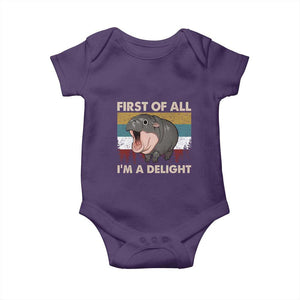 Funny Screaming Moo Deng Baby Onesie First Of All I'm A Delight Retro Vintage TS02 Purple Print Your Wear