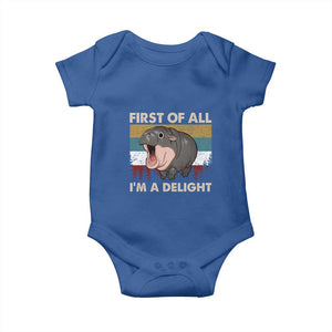 Funny Screaming Moo Deng Baby Onesie First Of All I'm A Delight Retro Vintage TS02 Royal Blue Print Your Wear