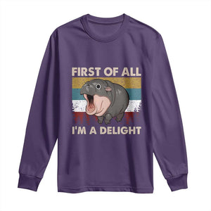 Funny Screaming Moo Deng Long Sleeve Shirt First Of All I'm A Delight Retro Vintage TS02 Purple Print Your Wear