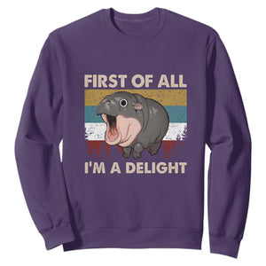 Funny Screaming Moo Deng Sweatshirt First Of All I'm A Delight Retro Vintage TS02 Purple Print Your Wear