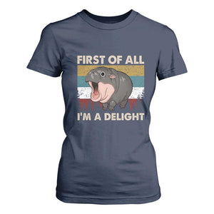 Funny Screaming Moo Deng T Shirt For Women First Of All I'm A Delight Retro Vintage TS02 Navy Print Your Wear