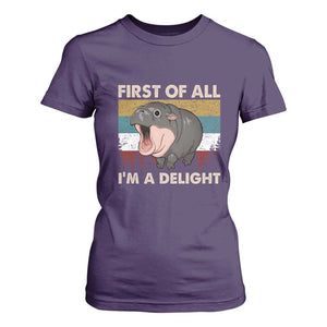 Funny Screaming Moo Deng T Shirt For Women First Of All I'm A Delight Retro Vintage TS02 Purple Print Your Wear