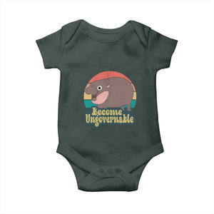 Funny Baby Hippo Moo Deng Baby Onesie Become Ungovernable Retro TS02 Dark Forest Green Print Your Wear