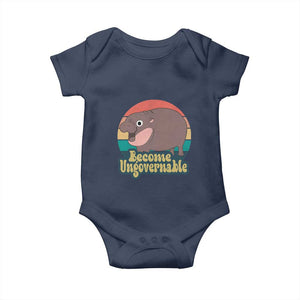 Funny Baby Hippo Moo Deng Baby Onesie Become Ungovernable Retro TS02 Navy Print Your Wear