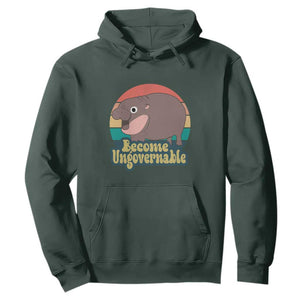 Funny Baby Hippo Moo Deng Hoodie Become Ungovernable Retro TS02 Dark Forest Green Print Your Wear