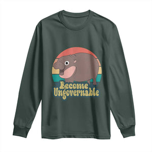 Funny Baby Hippo Moo Deng Long Sleeve Shirt Become Ungovernable Retro TS02 Dark Forest Green Print Your Wear