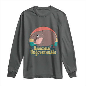 Funny Baby Hippo Moo Deng Long Sleeve Shirt Become Ungovernable Retro TS02 Dark Heather Print Your Wear